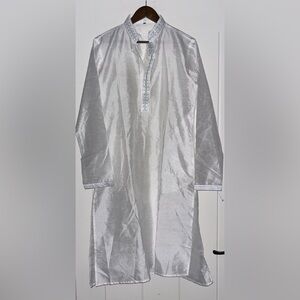 Traditional Kurta For Indian‎ Men 38 Mandarin Collar White Silk Embroidered